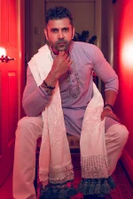 Off white embroidered designer shawl with sequence work - Image 2