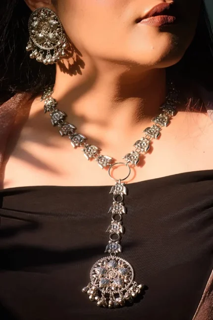 Handcrafted antique silver long necklace