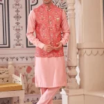 Light red art silk panjabi/kurta payjama with coti/jacket