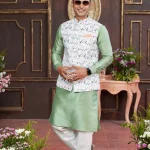 Mint Green art benarasi silk panjabi/kurta set with coti/jacket