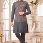 Grey embroidered Art silk panjabi/kurta set with coti/jacket