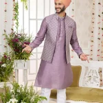 Light purple art silk panjabi/kurta payjama with embroidered coti/jacket