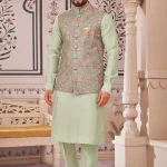 Light green art benarasi silk panjabi/kurta set with coti/jacket