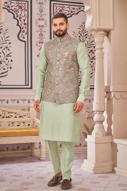 Light green art benarasi silk panjabi/kurta set with coti/jacket