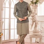 Brown embroidered and sequence panjabi/kurta set with coti/jacket