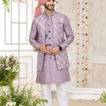 Light purple embroidered and sequence panjabi/kurta set with coti/jacket