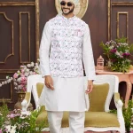 Off white embroidered panjabi/kurta set with coti/jacket