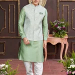 Off white embroidered panjabi/kurta set with coti/jacket