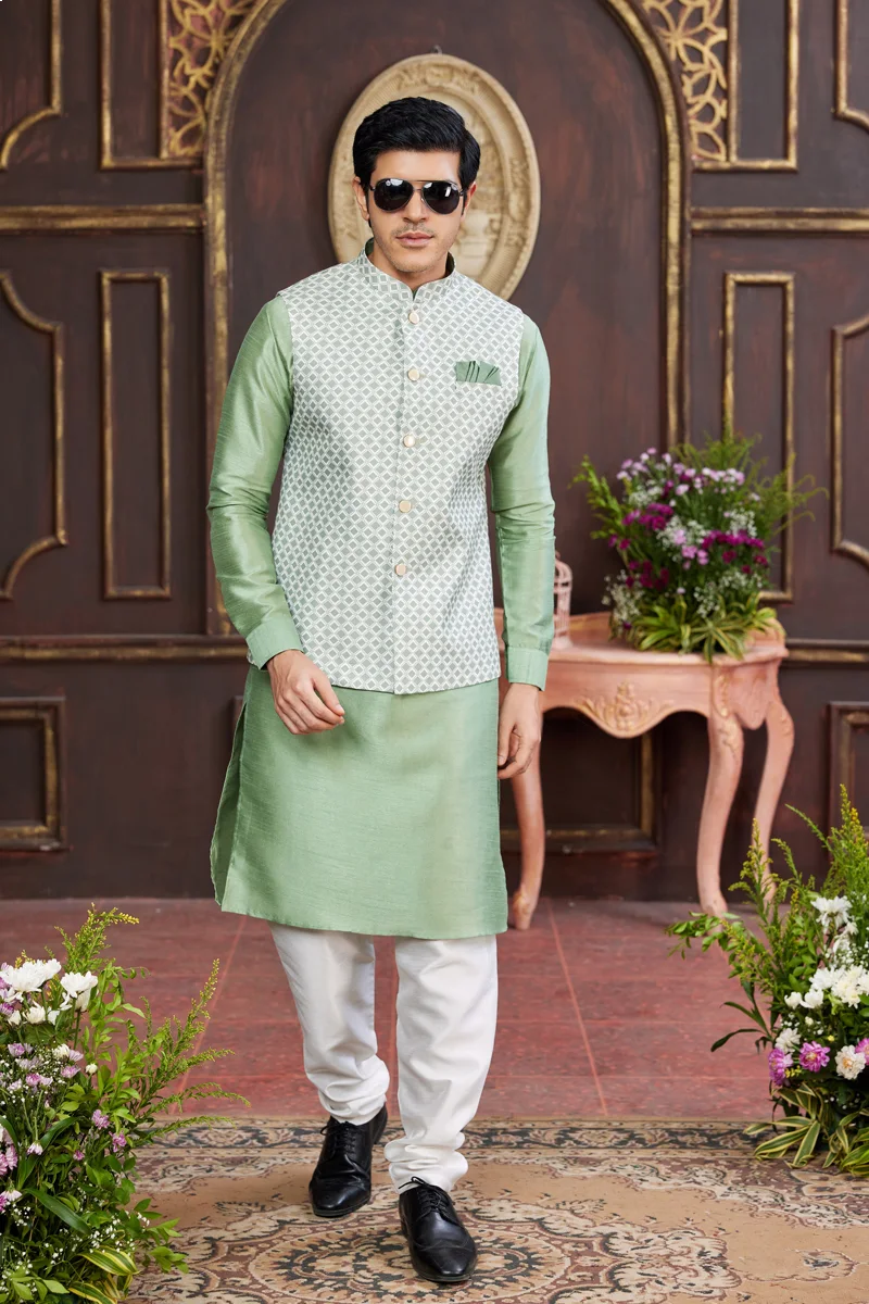 TS-MPC0012 Off white embroidered panjabi/kurta set with coti/jacket - Image 1