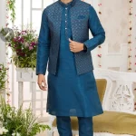 Blue embroidered panjabi/kurta set with coti/jacket