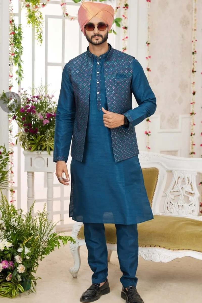 TS-MPC0013 Blue embroidered panjabi/kurta set with coti/jacket - Image 1