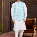 Blue embroidered panjabi/kurta set with coti/jacket