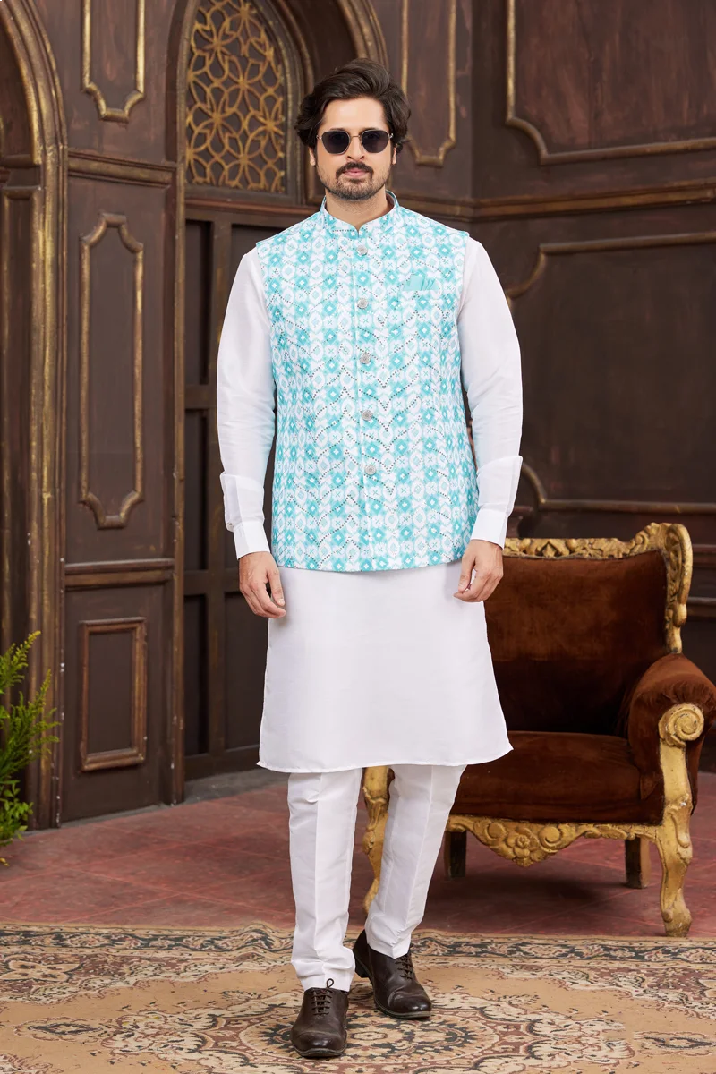 TS-MPC0014 Blue embroidered panjabi/kurta set with coti/jacket - Image 1