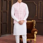 Pink embroidered panjabi/kurta set with coti/jacket