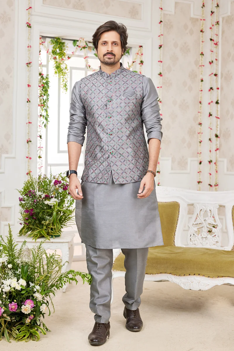 TS-MPC0018 Dark grey panjabi/kurta with coti/jacket set - Image 1