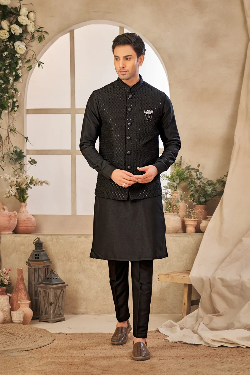 TS-MPC0020 Black panjabi/kurta set with gorgeous coti/jacket - Image 1