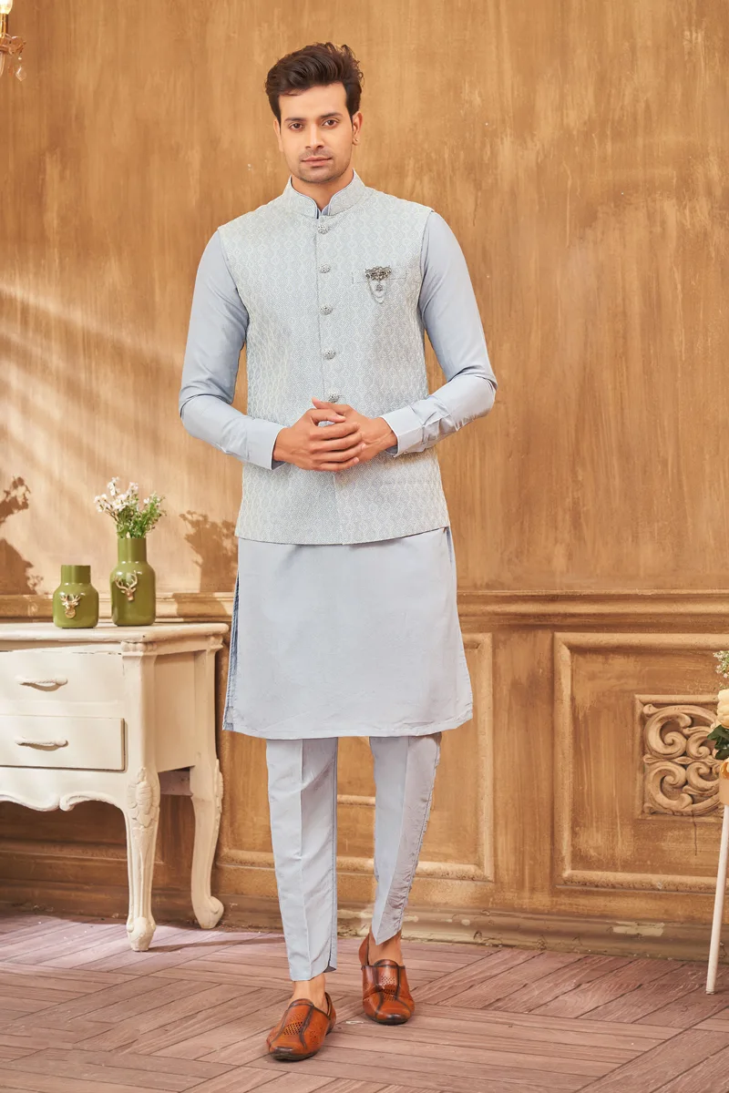 TS-MPC0023 Light blue panjabi/kurta set with gorgeous coti/jacket - Image 1