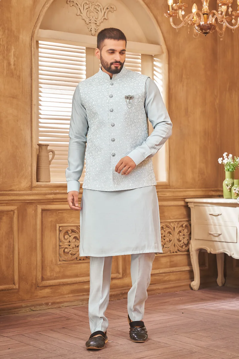 TS-MPC0024 Light grey panjabi/kurta set with gorgeous coti/jacket - Image 1