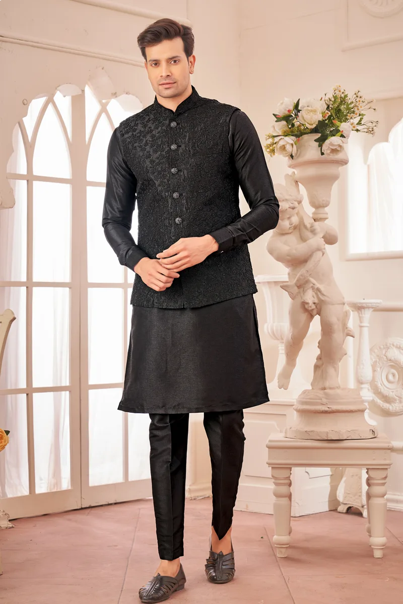 TS-MPC0025 Black panjabi/kurta set with gorgeous coti/jacket - Image 1