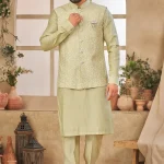 Dark pista panjabi/kurta set with gorgeous coti/jacket