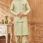 Pista colour panjabi/kurta set with gorgeous coti/jacket