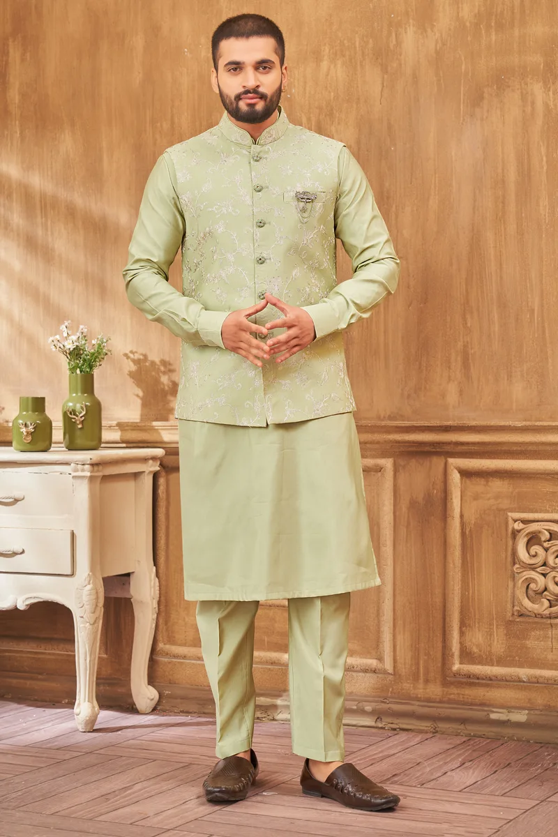 TS-MPC0030 Pista colour panjabi/kurta set with gorgeous coti/jacket - Image 1