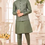 Mehedi green panjabi/kurta set with gorgeous coti/jacket
